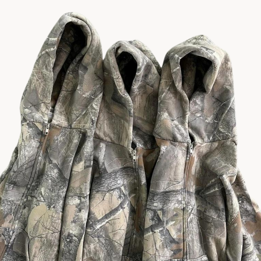 Unisex oversized camouflage hoodie with hood and front zipper