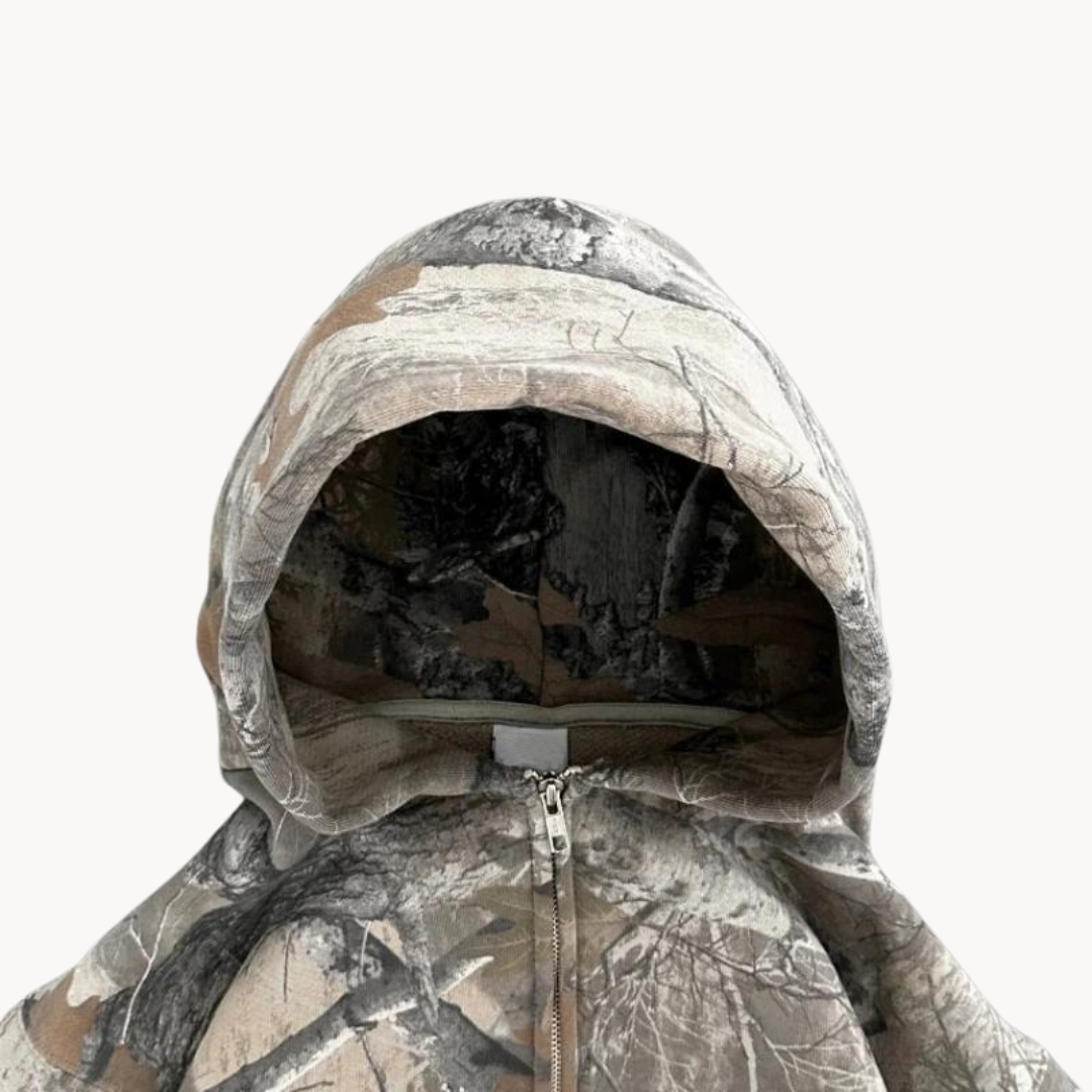 Unisex oversized camouflage hoodie with hood and front zipper