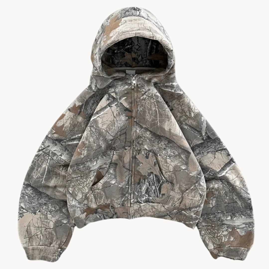 Unisex oversized camouflage hoodie with hood and front zipper