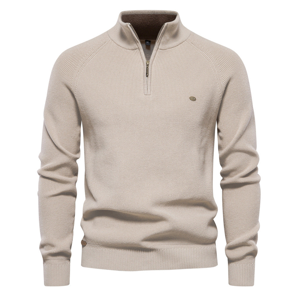 Men's black half zip ribbed crew neck sweater with long sleeves