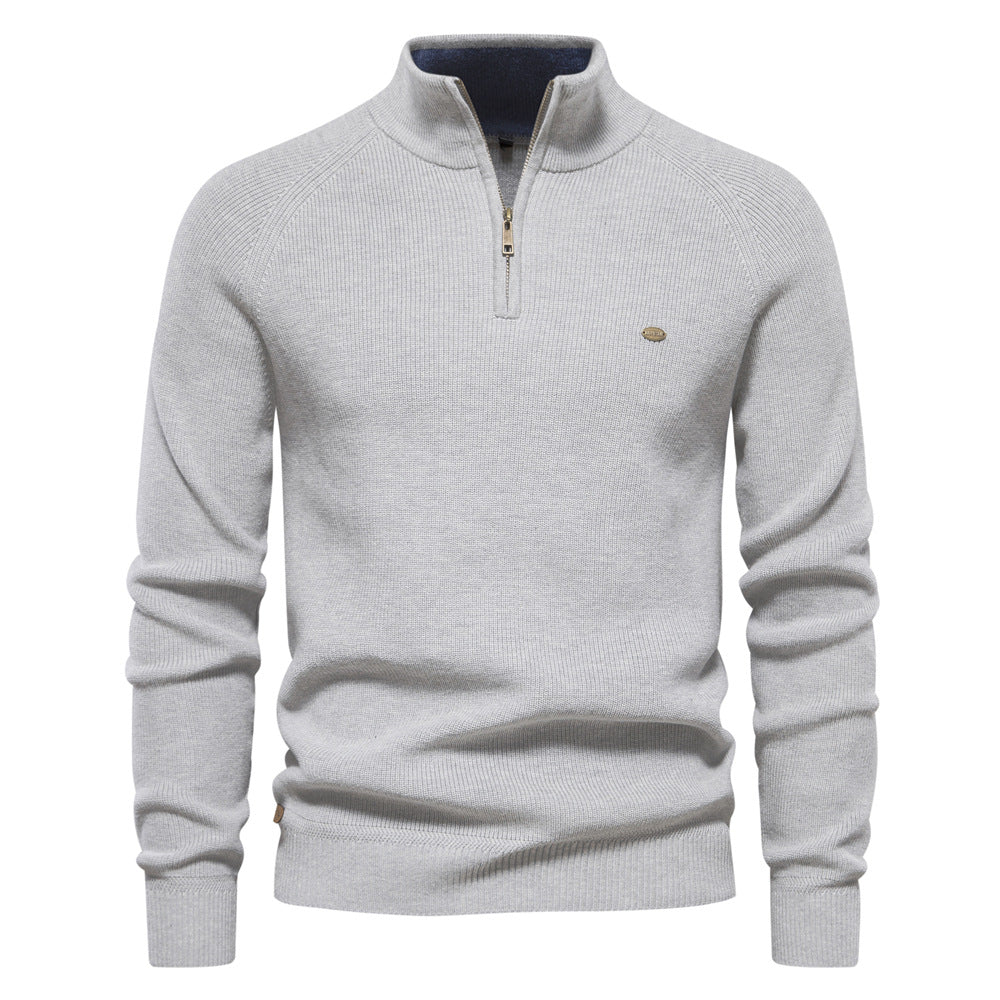 Men's black half zip ribbed crew neck sweater with long sleeves