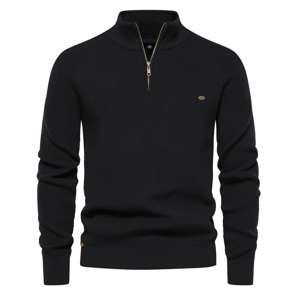 Men's black half zip ribbed crew neck sweater with long sleeves