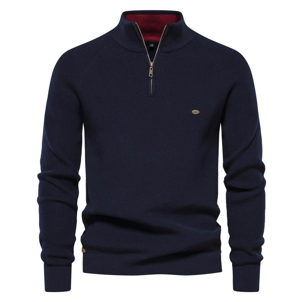 Men's black half zip ribbed crew neck sweater with long sleeves