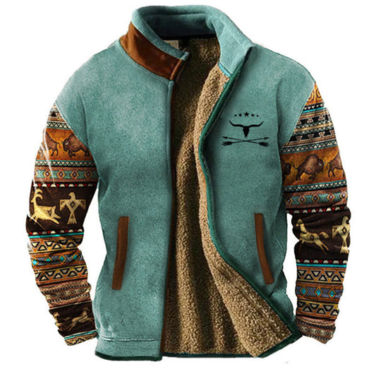 Men's patterned jacket with stand collar, zip front and printed animal motif sleeves
