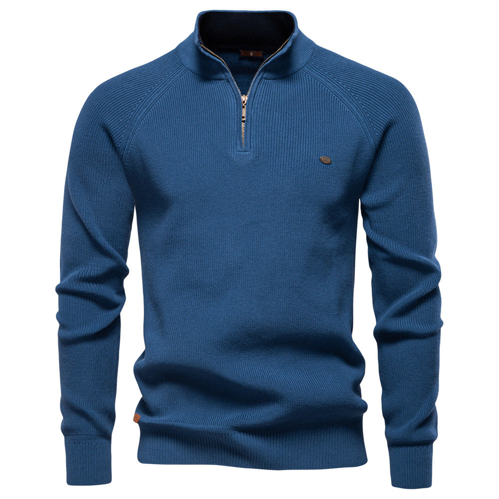 Men's black half zip ribbed crew neck sweater with long sleeves