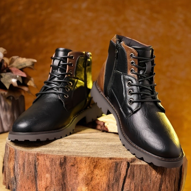 Men's lace-up ankle boots with round toes, panelled uppers and lugged soles