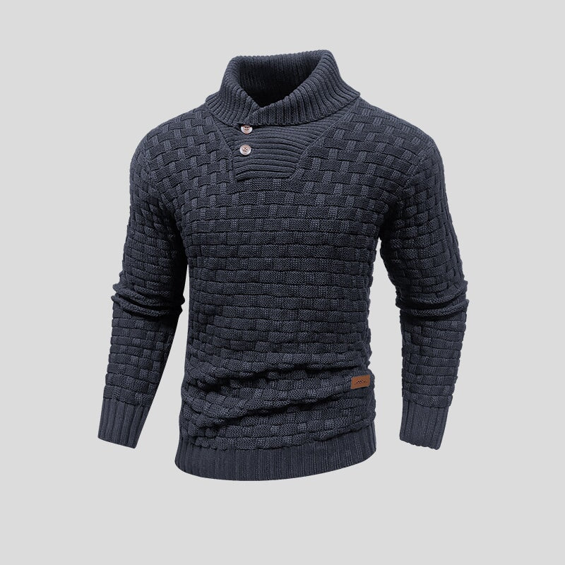 Men's textured knit jumper with high ribbed neck, buttons and long sleeves