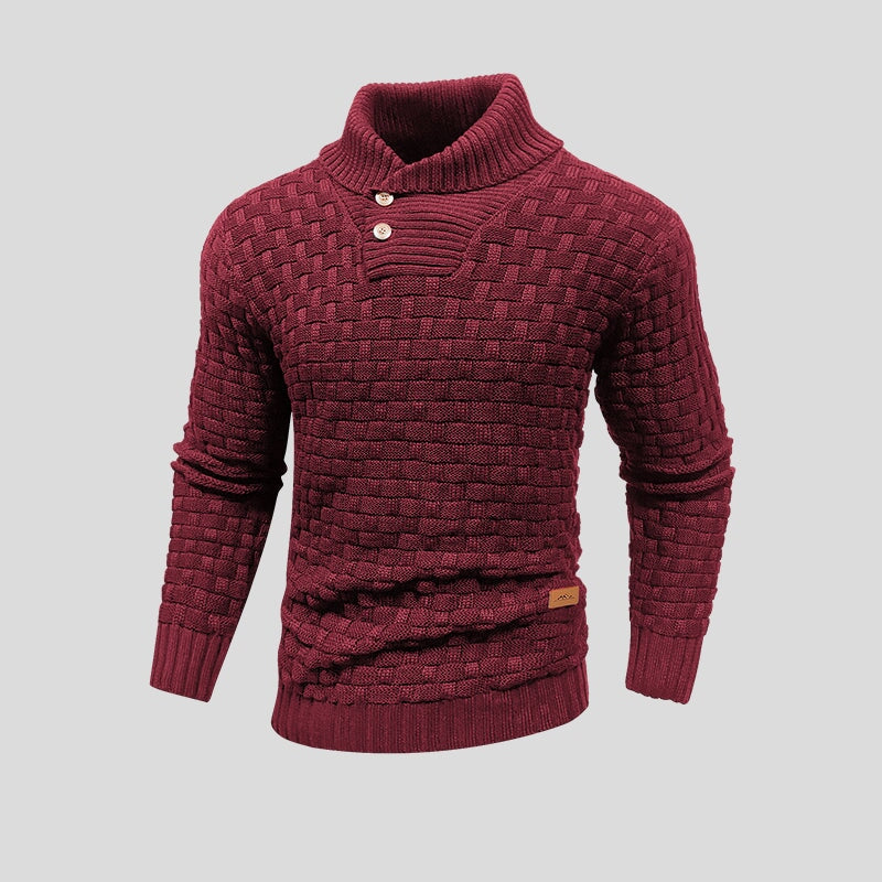 Men's textured knit jumper with high ribbed neck, buttons and long sleeves