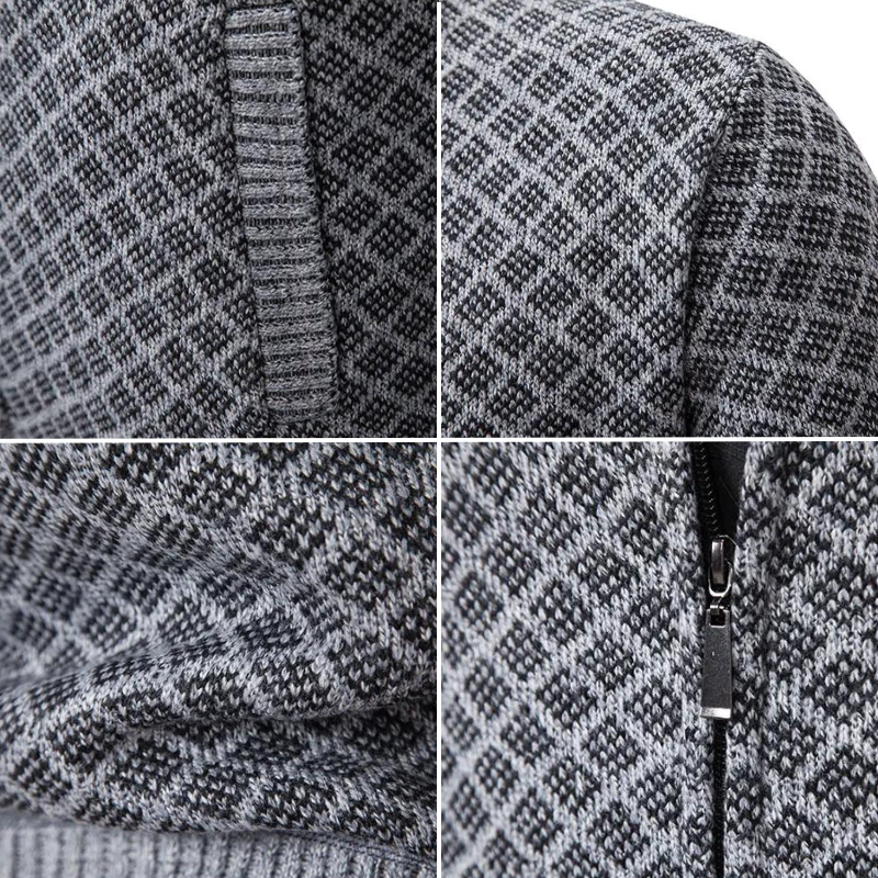 Men's geometric patterned zip-up sweater with mock neck and ribbed trims