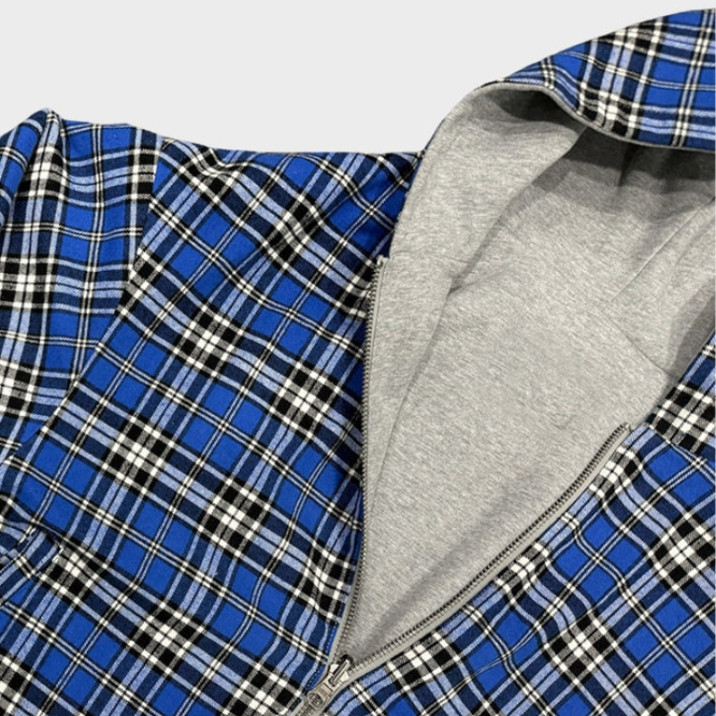 Reversible oversized hooded sweatshirt with plaid inner side and zip front