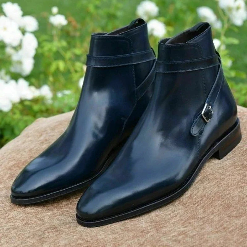 Men's polished ankle boots with side buckle strap