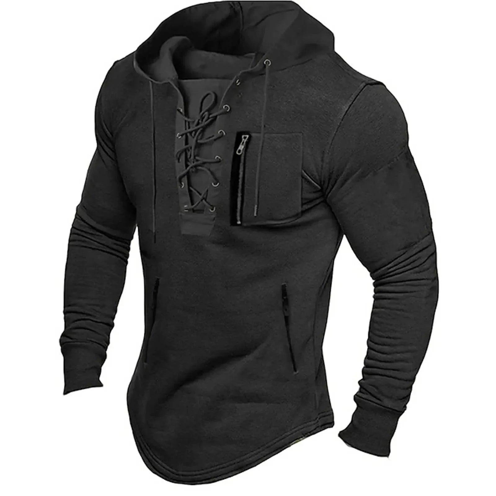 Men's hooded sweater with lace-up front and zip pockets