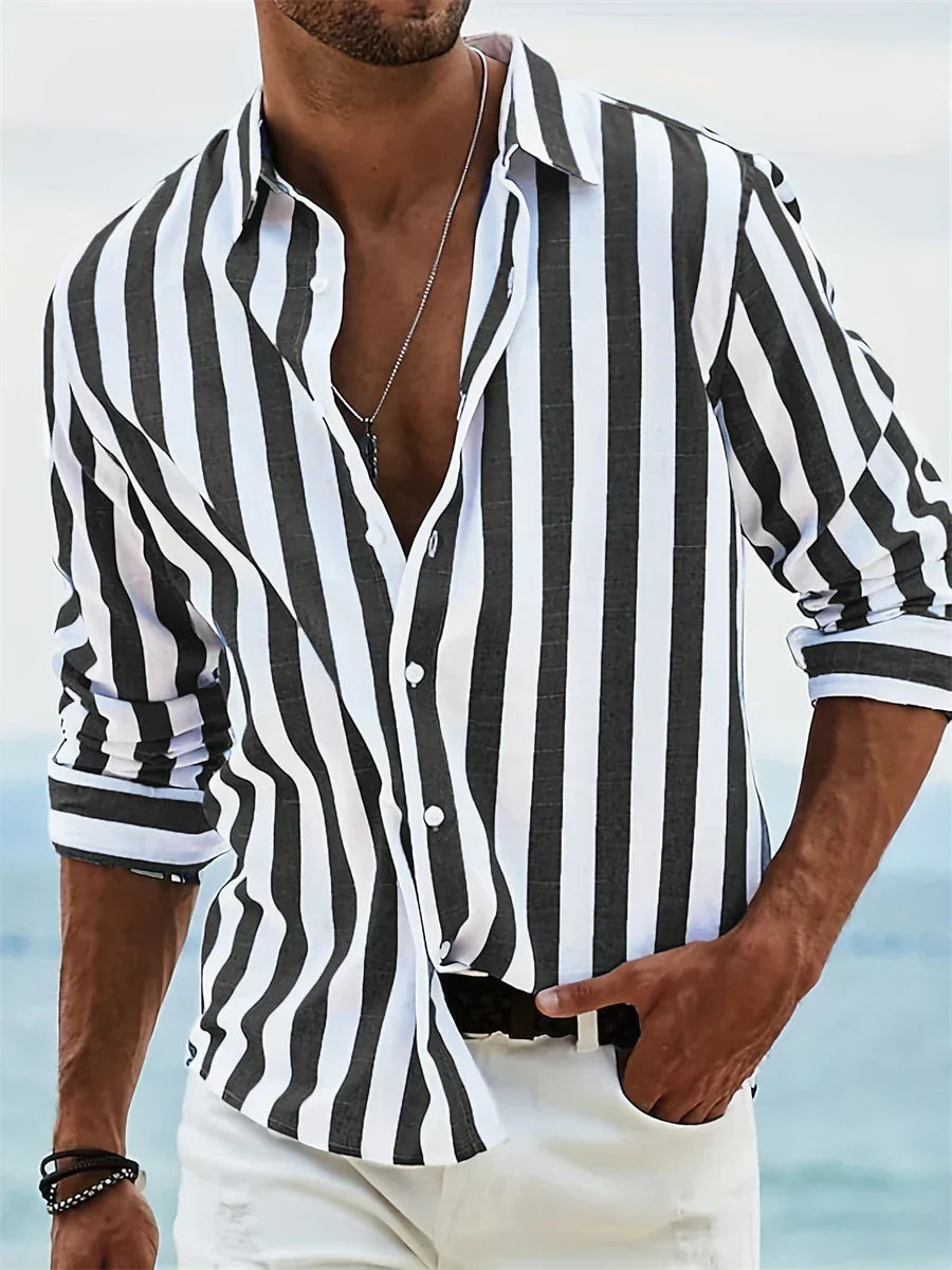 Men's Striped Summer Shirt, Relaxed Fit Open Collar Casual Shirt for Holidays & Everyday Wear