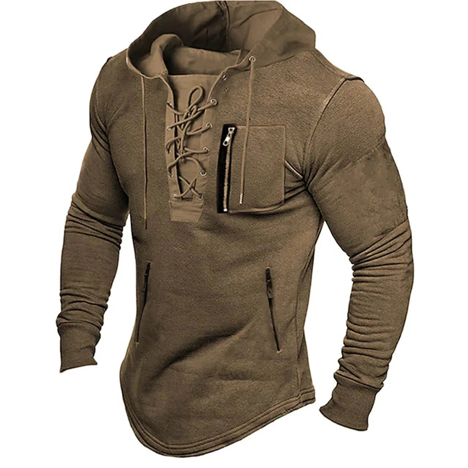Men's hooded sweater with lace-up front and zip pockets