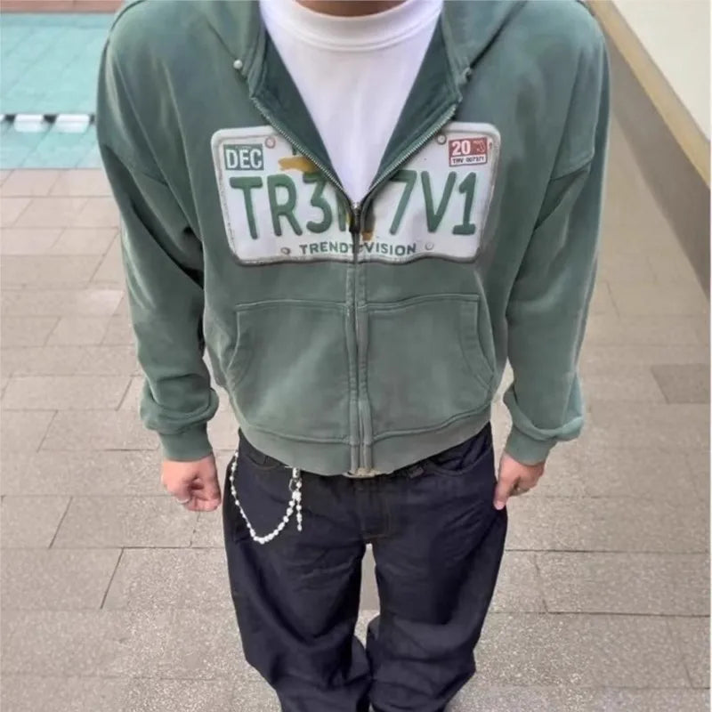 Cropped hooded zip hoodie with license plate chest graphic
