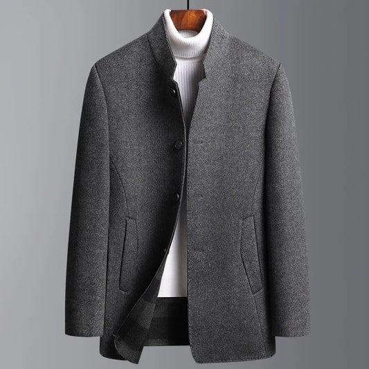 Men's stand collar button front winter coat with long sleeves