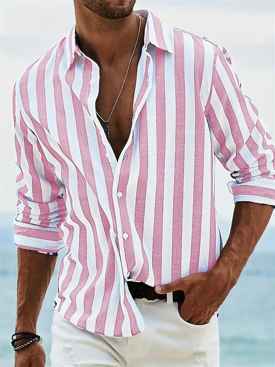 Men's Striped Summer Shirt, Relaxed Fit Open Collar Casual Shirt for Holidays & Everyday Wear