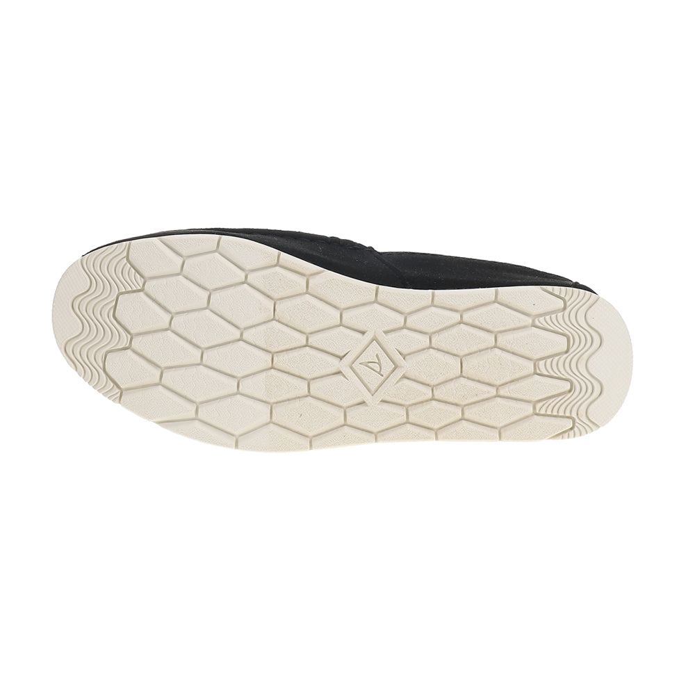 Black quilted moc slippers with side lace detail and cream flat sole