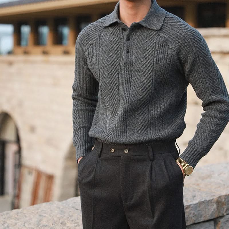 Men's long-sleeve textured polo sweater with collared neckline and button placket
