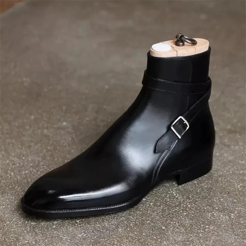 Men's polished ankle boots with side buckle strap
