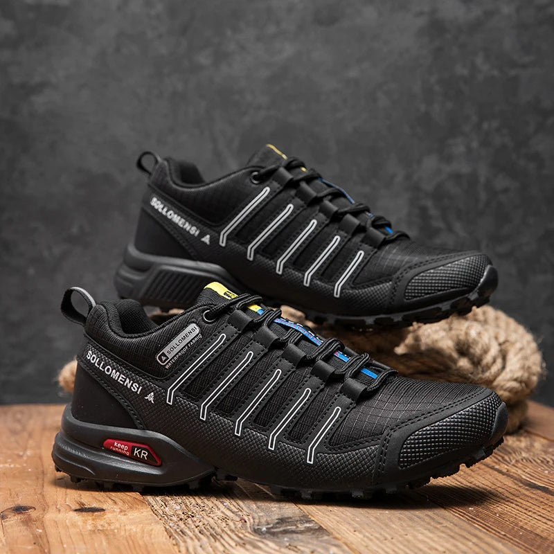 Men's low-cut lace-up hiking shoes with textured panels and rugged treaded soles