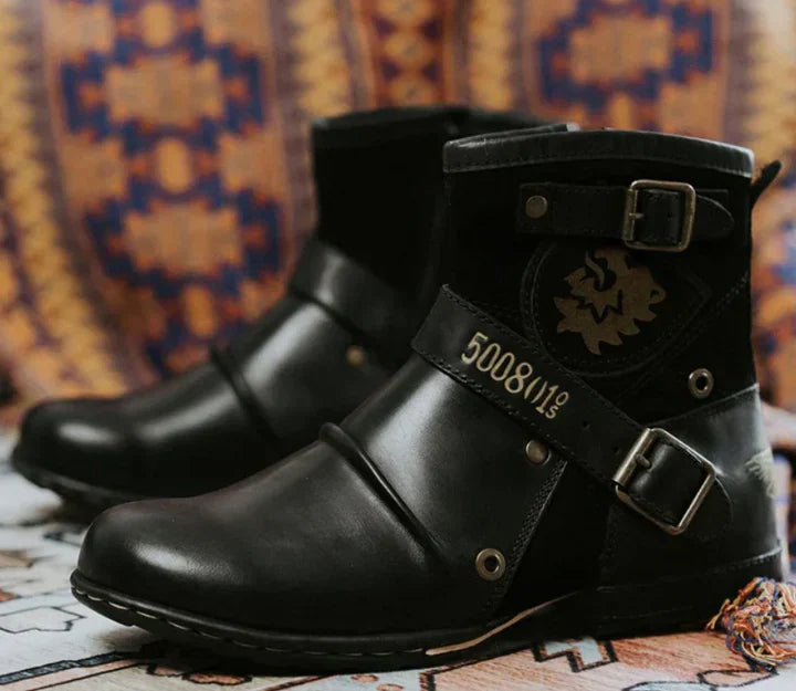 Men's biker ankle boots with buckle straps and rounded toes