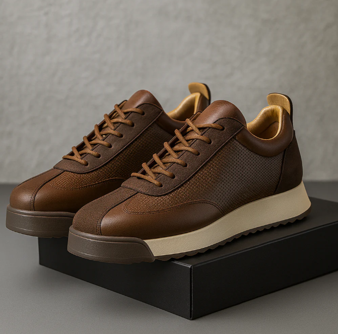 Leather lace-up sneakers with textured side panels