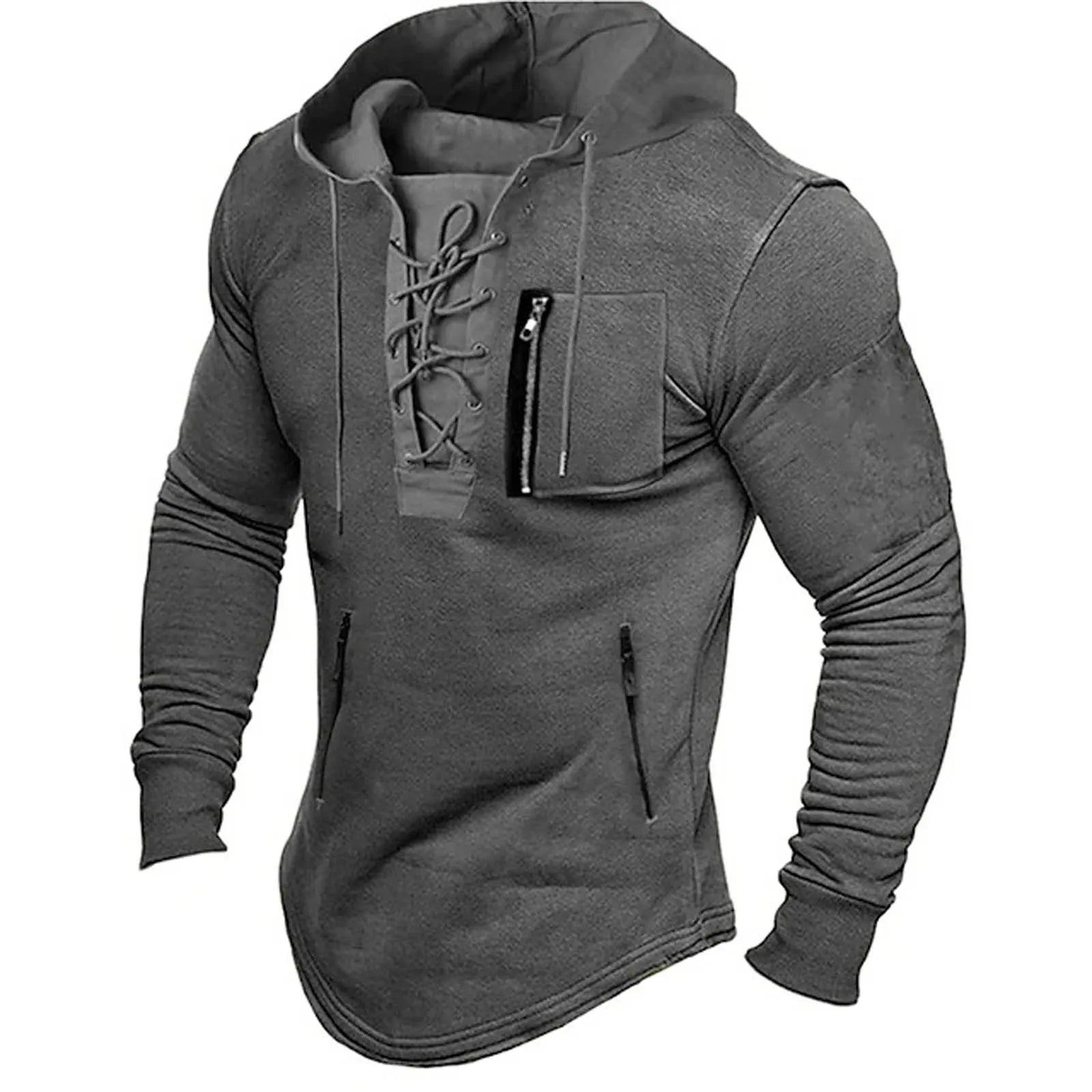 Men's hooded sweater with lace-up front and zip pockets