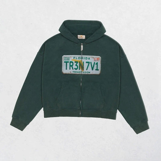 Cropped hooded zip hoodie with license plate chest graphic