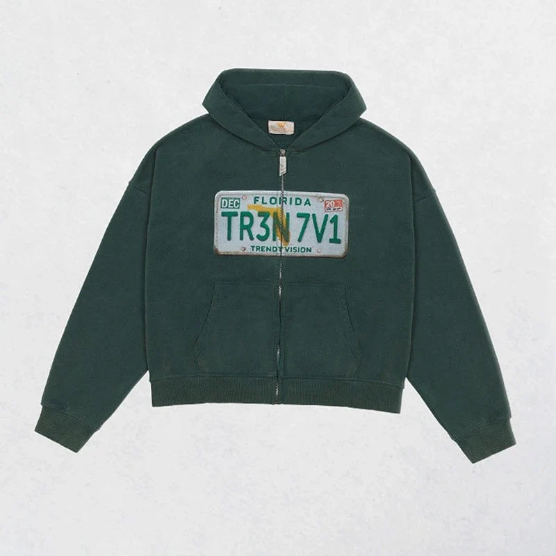 Cropped hooded zip hoodie with license plate chest graphic