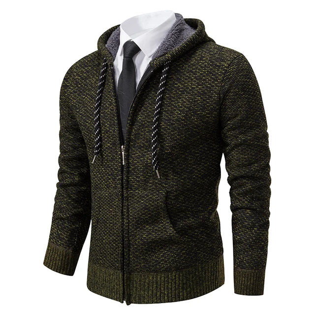 Men's textured full-zip hooded jumper with long sleeves and front pockets