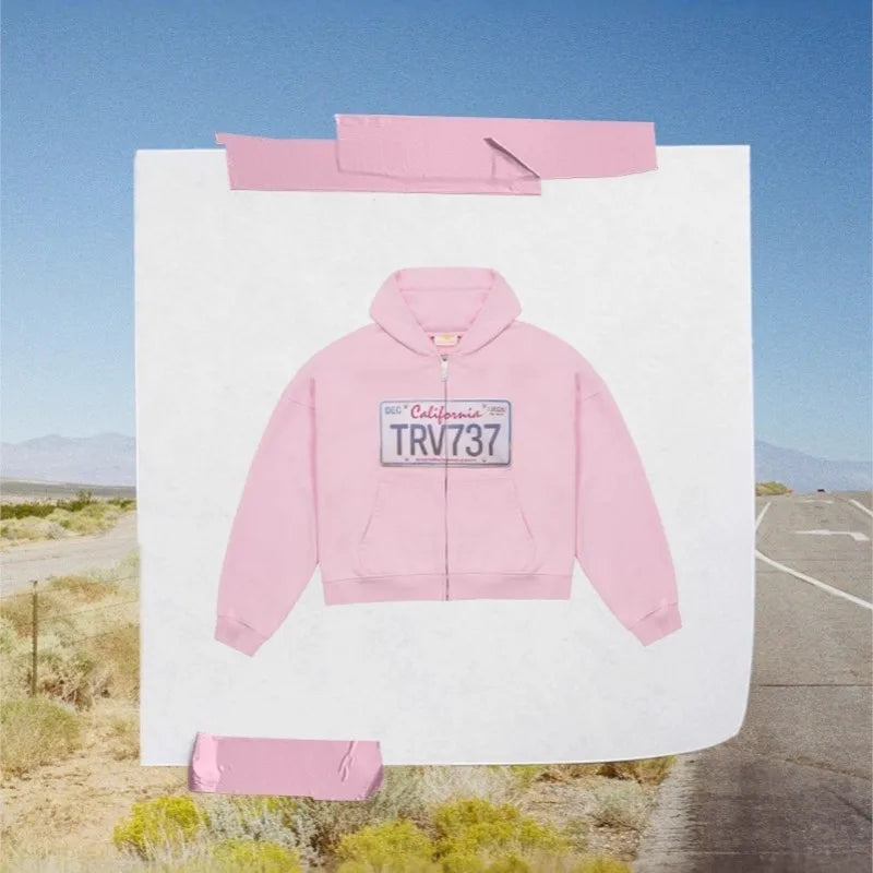 Cropped hooded zip hoodie with license plate chest graphic