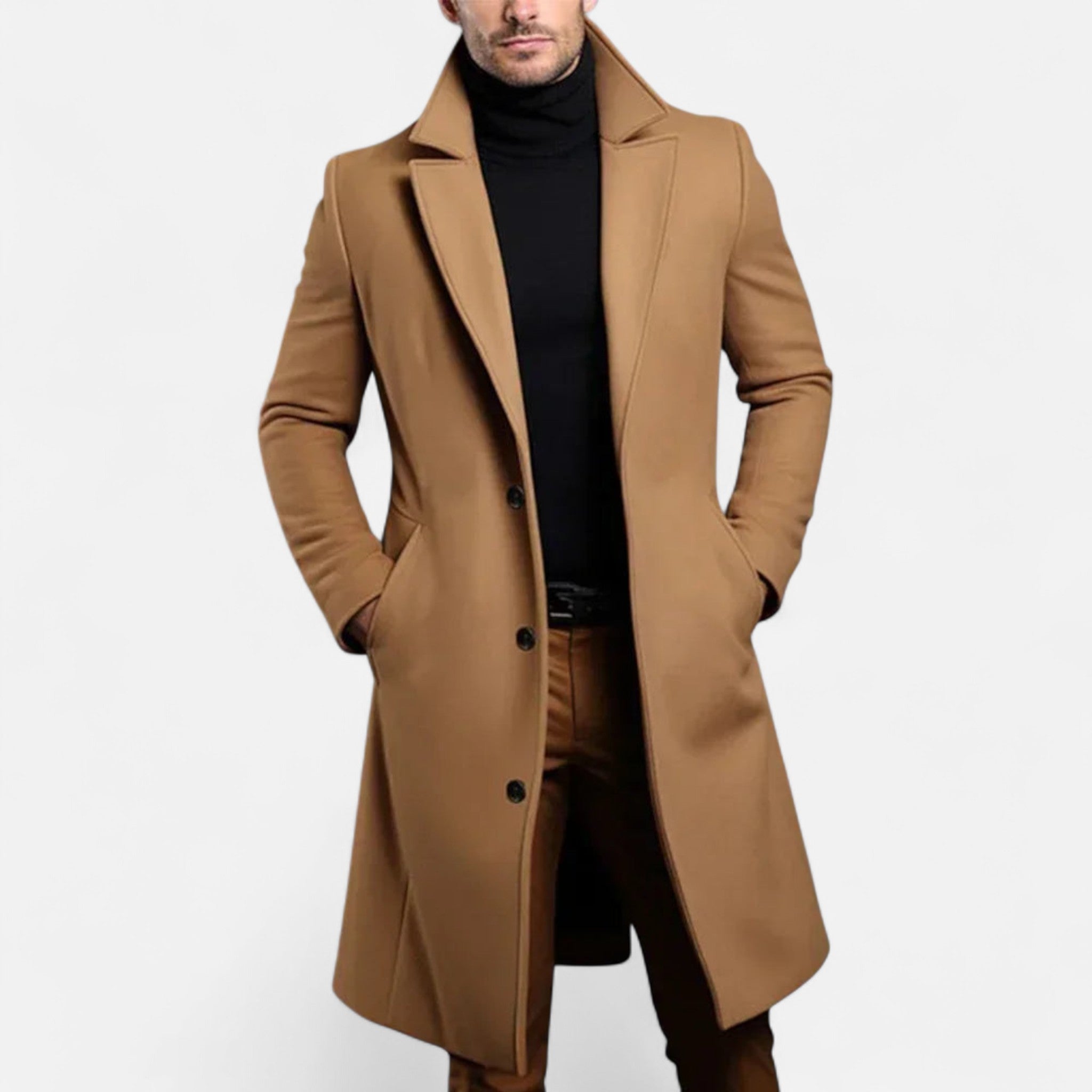 Men's long coat with notched lapels, button front and side pockets