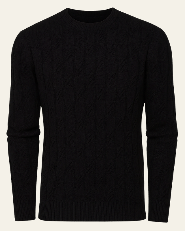 Men's black cable knit sweater with raised cable texture
