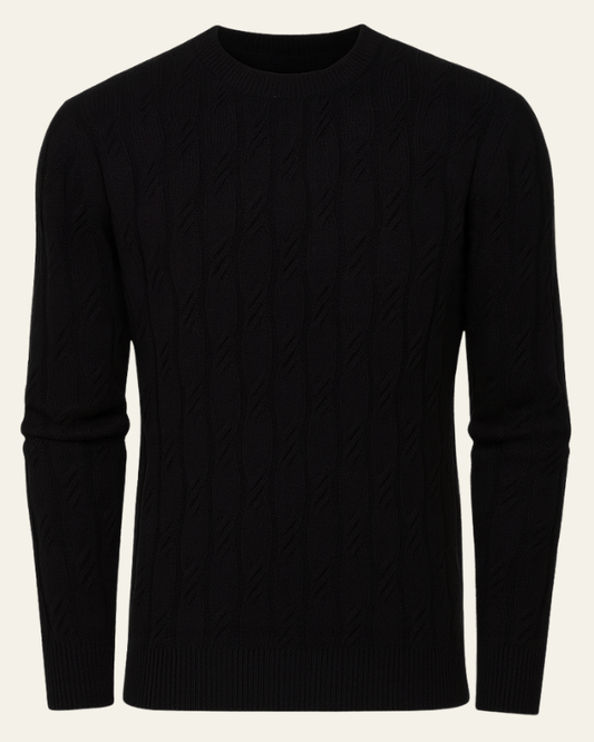 Men's black cable knit sweater with raised cable texture