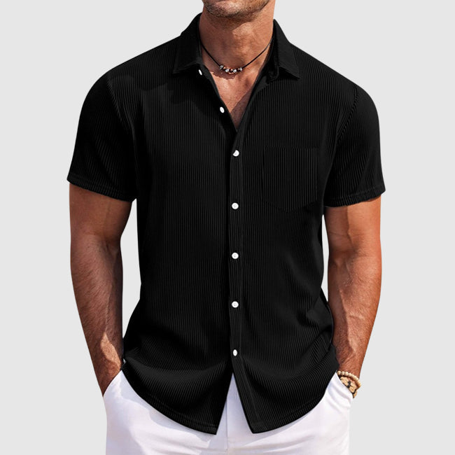 Men's Striped Short Sleeve Shirt, Lightweight Button-Up with Turn-Down Collar and Chest Pocket