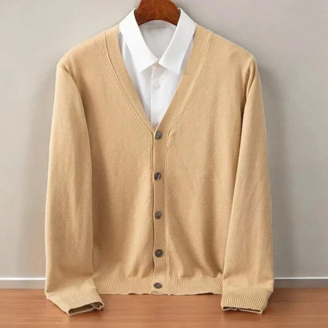 Men's V-neck button-front knit cardigan with long sleeves and ribbed trims