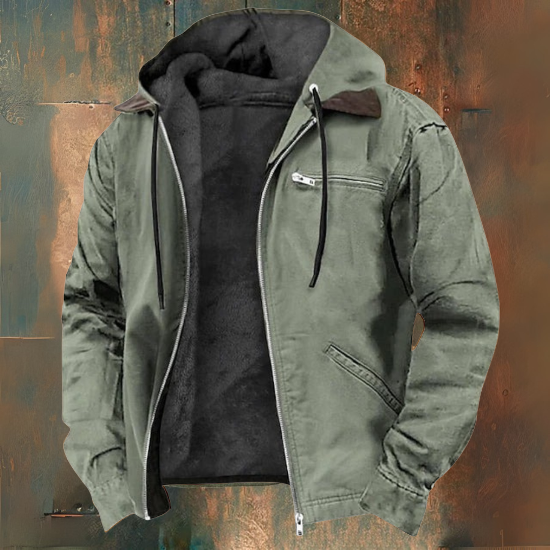 Men's hooded zip-up jacket with long sleeves, drawstring hood and multiple zipped pockets