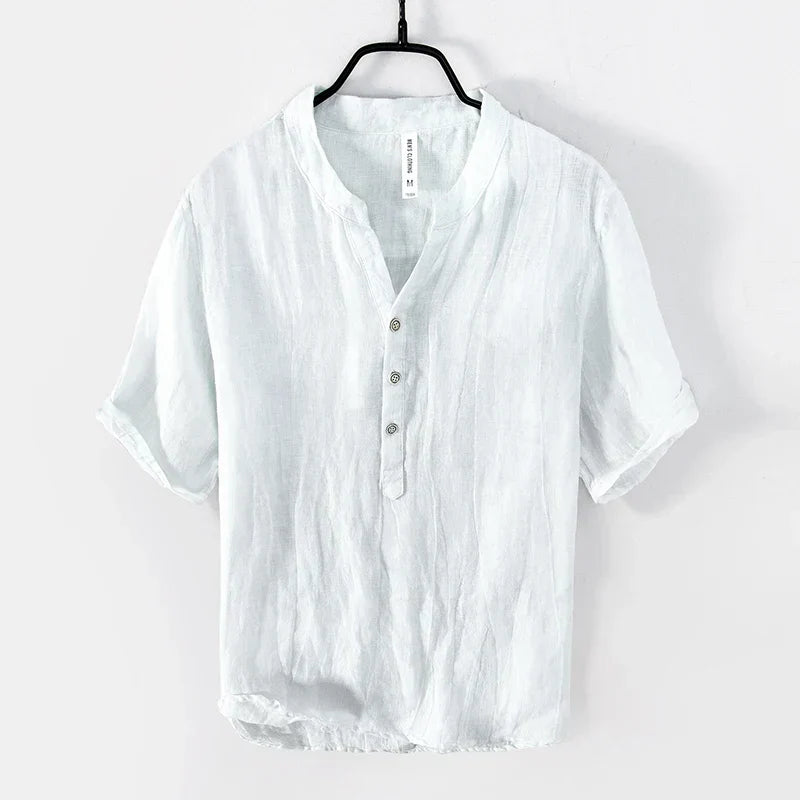 Men's Linen Shirt, Short Sleeve Breathable Button-Down Casual Summer Shirt with Stand Collar