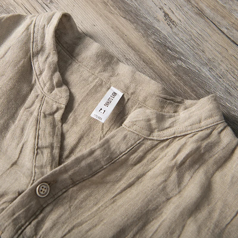 Men's Linen Shirt, Short Sleeve Breathable Button-Down Casual Summer Shirt with Stand Collar