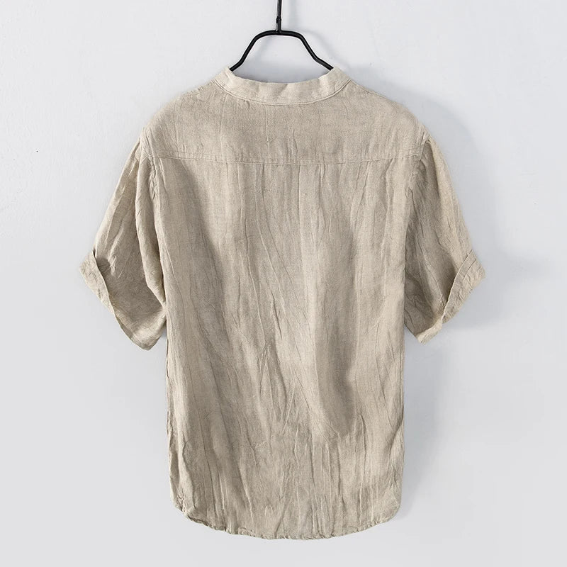 Men's Linen Shirt, Short Sleeve Breathable Button-Down Casual Summer Shirt with Stand Collar