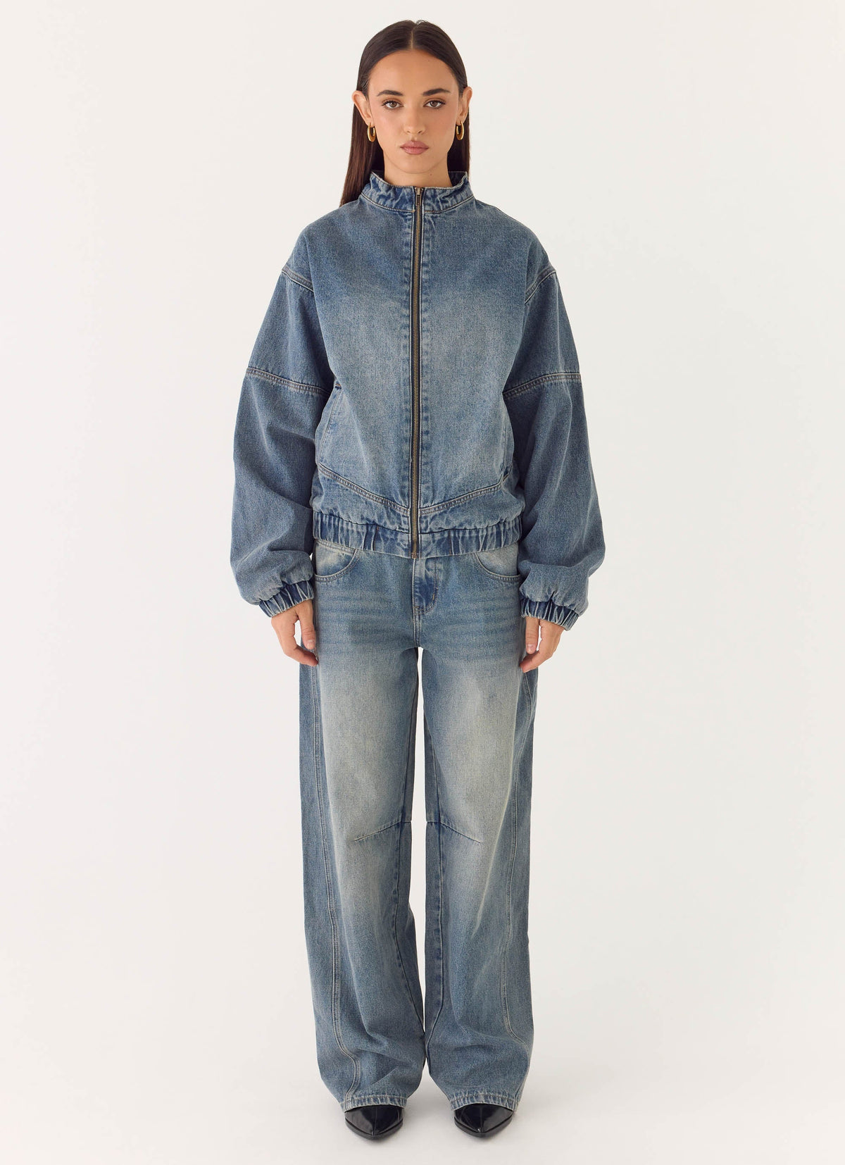 Mid-wash blue denim bomber jacket