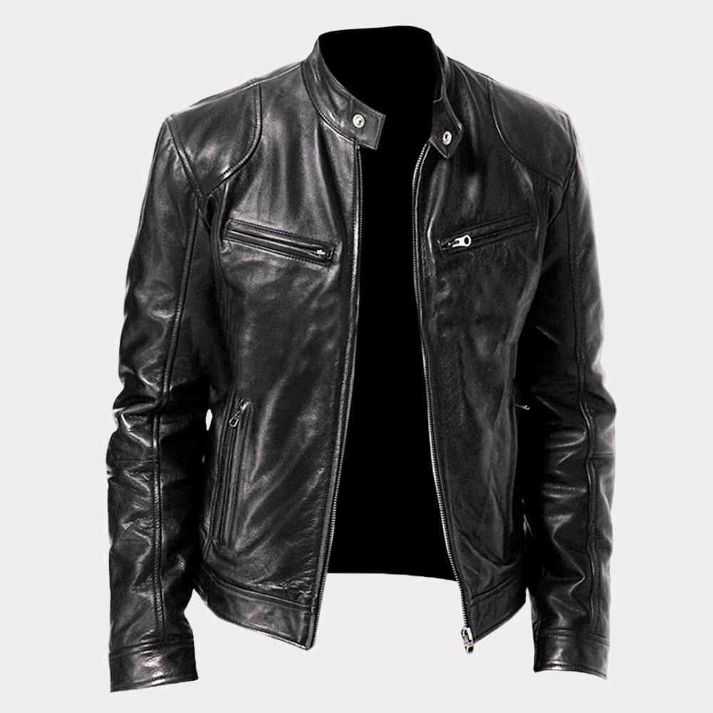 Men's leather-style bomber jacket with stand collar and zipped pockets