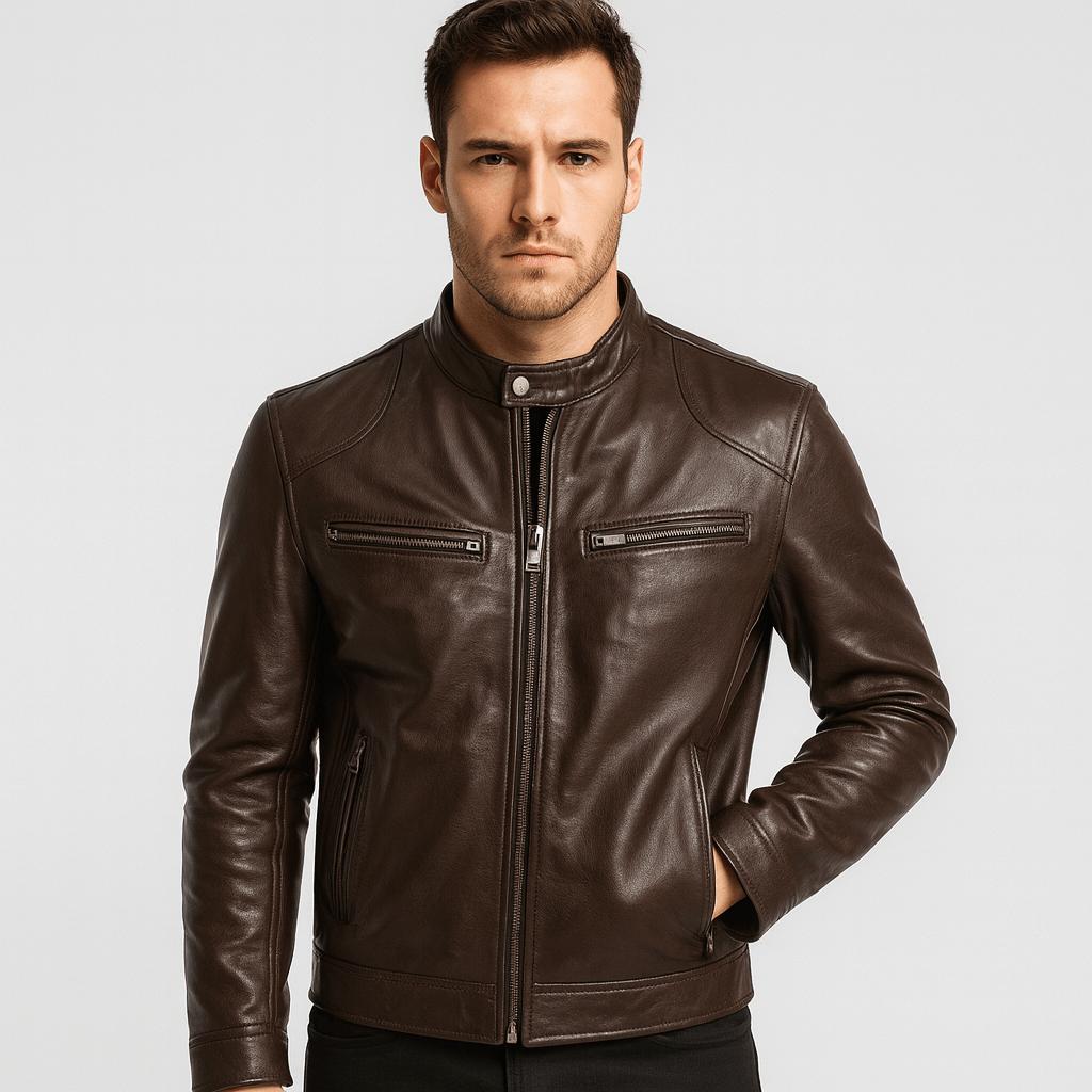 Men's leather-style bomber jacket with stand collar and zipped pockets
