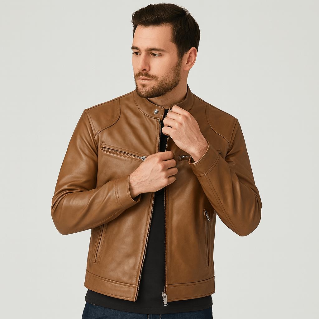 Men's leather-style bomber jacket with stand collar and zipped pockets