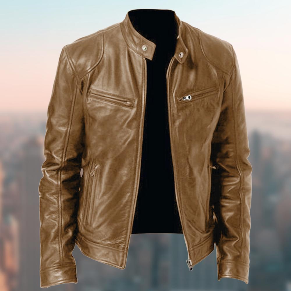 Men's leather-style bomber jacket with stand collar and zipped pockets
