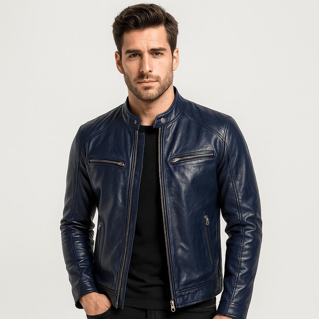 Men's leather-style bomber jacket with stand collar and zipped pockets