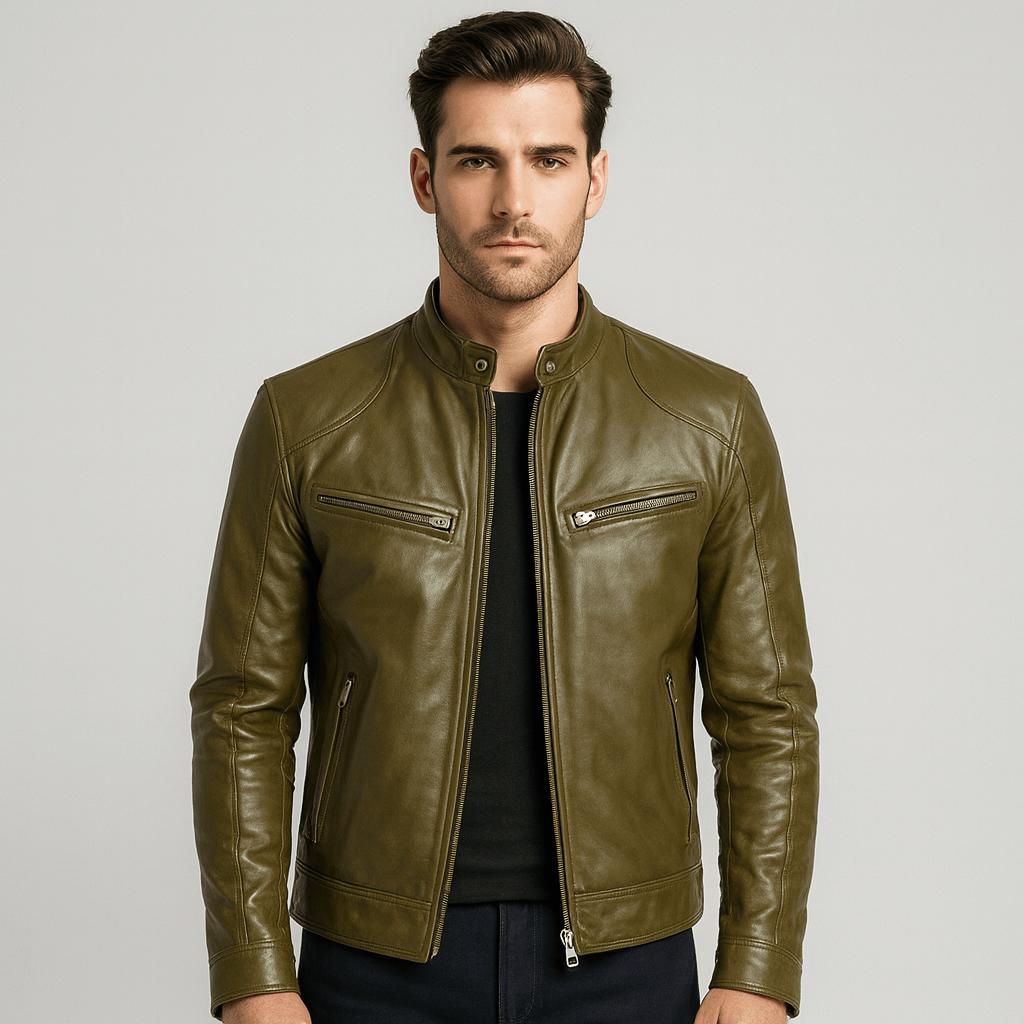 Men's leather-style bomber jacket with stand collar and zipped pockets