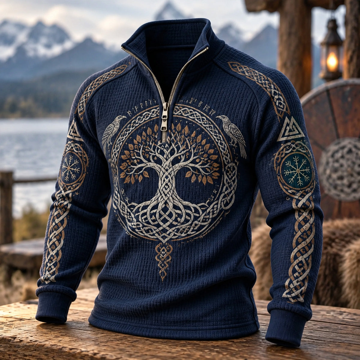Men's navy quarter-zip jumper with Viking tree and knotwork graphics