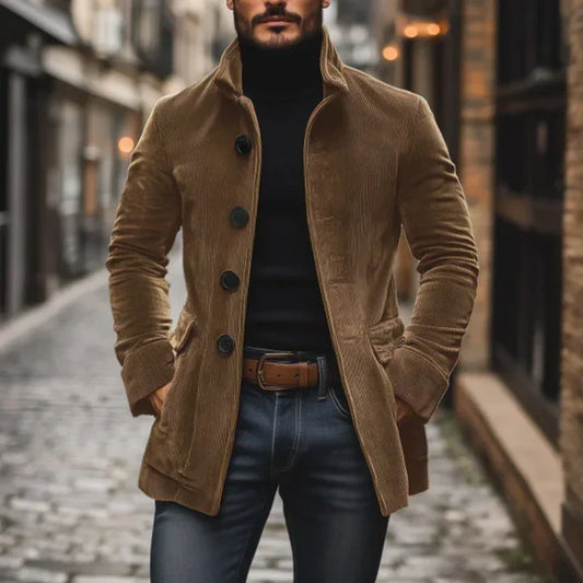 Men's textured mid-length button coat with stand collar and side pockets